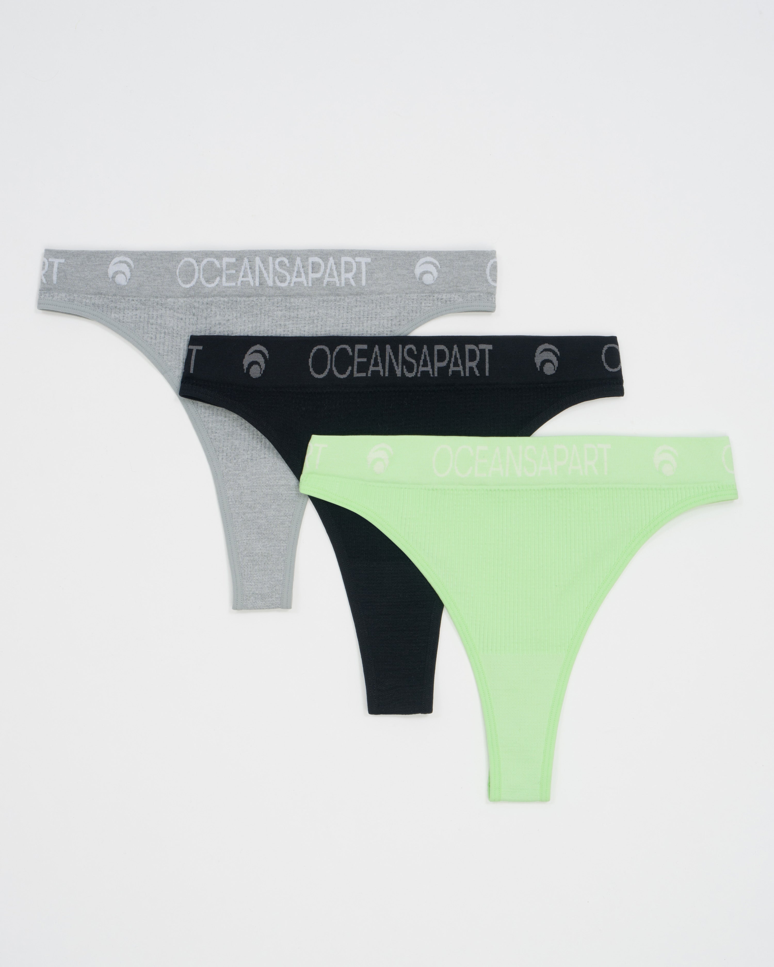 Ariel Seamless Thong Set Deluxe - Black, Cider Green & Light Grey Melange